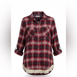 Hint of Mint Boho Plaid Button Down Mixed Print Lace Hem Top Small Petite